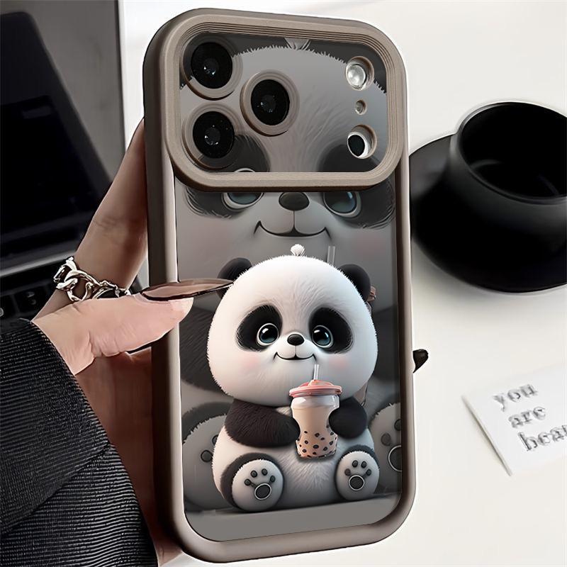 Milk tea-drinking Panda Pattern Case For iPhone 17 Pro Max Funda Shockproof Bumper Cover For iPhone 16 Pro Max 15 14 13 12 11 Air 16E