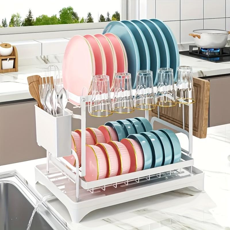 2-Tier Rust-Resistant Metal Utensil Rack with Drain Plate and Utensil Holder - Space Saving Kitchen Countertop Organizer