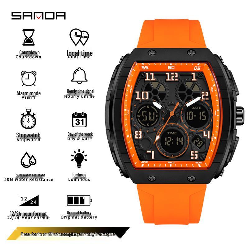 Sanda Dual-Movement Barrel Watch: Luminous Alarm, Large Dial, Multifunctional Student Watch.