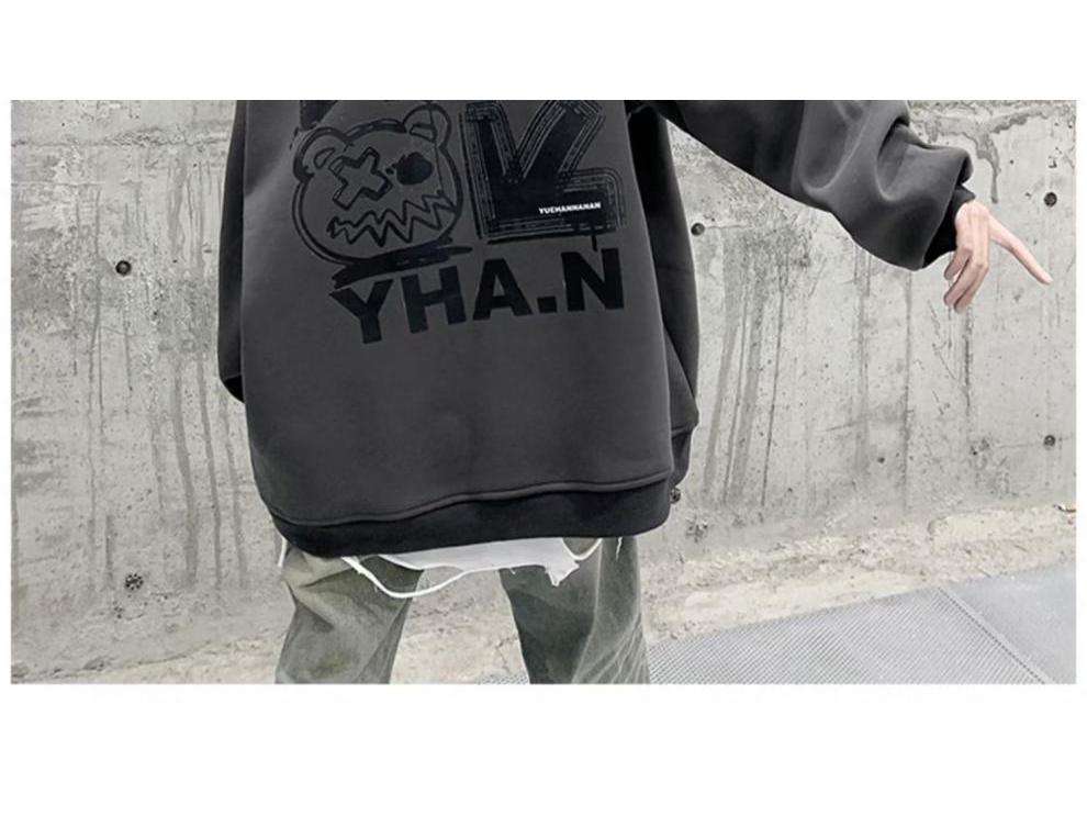 Men's Plus Velvet Hooded Sweatshirt - Large Size, Autumn/Winter, Hip-Hop Style, Trendy Loose Fit, American-Inspired.