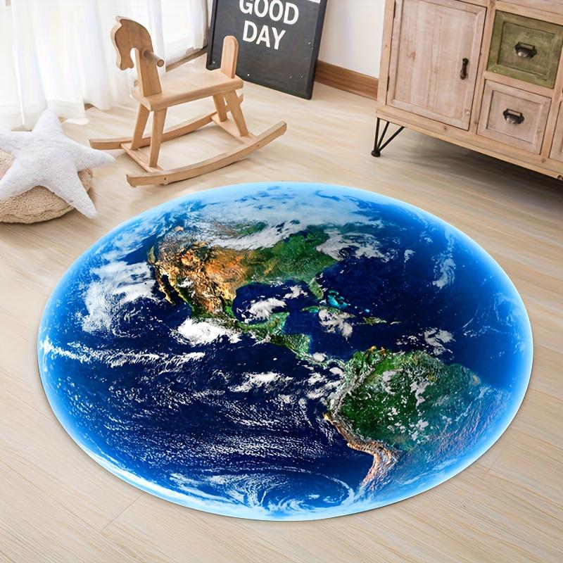 Flannel Printed Round Rug With Earth Globe Design For Home Decor Soft Floor Mat Planet Art Theme Modern Interior