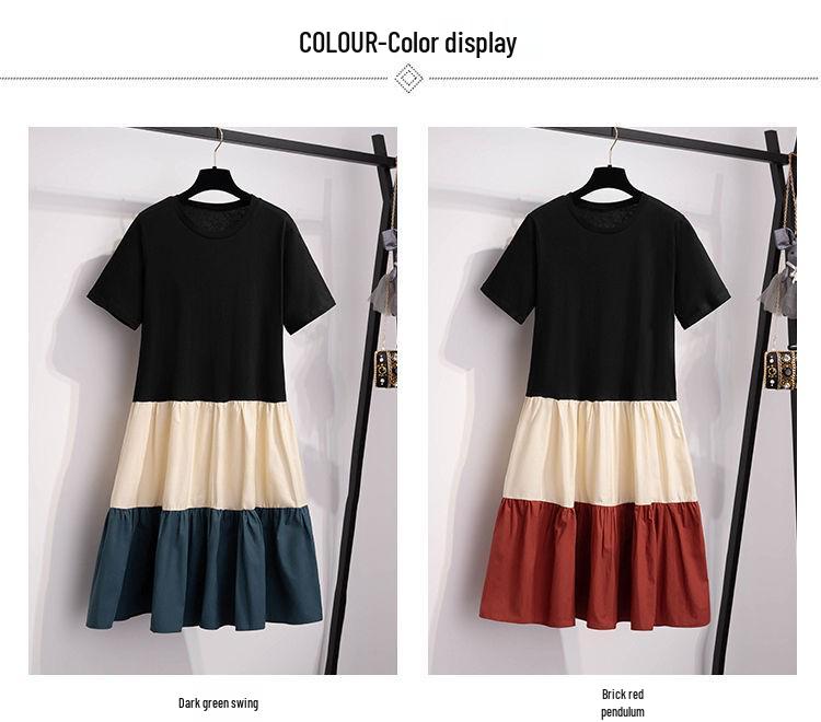 Summer Color Block Short Sleeve Maternity Dress Set - Over-the-Knee Design