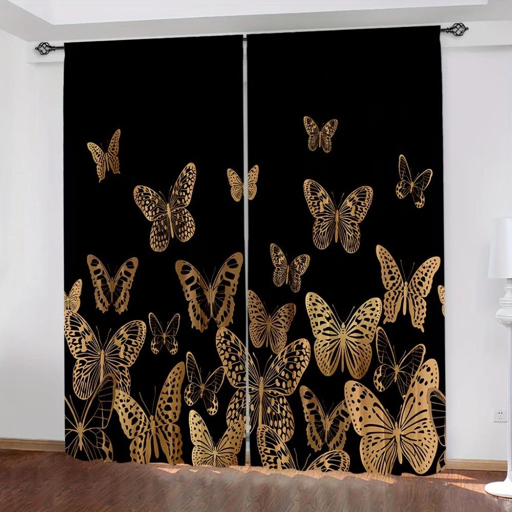 2pcs Black Golden Butterfly Printed Curtains, Modern Art Vintage Fluttering Butterflies Shading Curtains For Bedroom Living Room