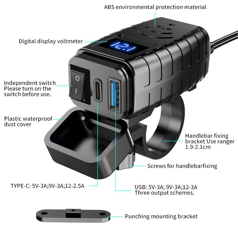 Motorcycle USB Charger PD & Quick Charger 3.0 QC3.0 Fast Charging USB Port QC3.0 Fast Charging PD Quick Charger 3.0 For