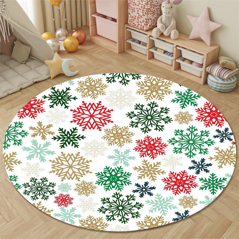Round Carpet Colorful Snowflake Pattern Red Green Gold White Winter Home Office Decor