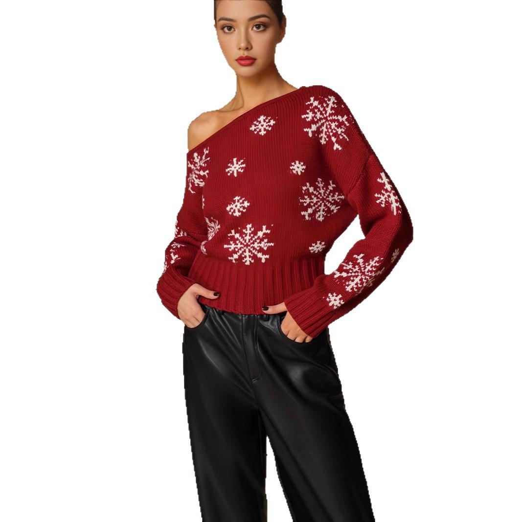 Women S Long Sleeve Off Shoulder Pullover Snowflake Knit Sweater XS