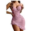 Plus Size Sexy Corset Bodycon Mini Dress Chemise Ruffle Lace Mesh Perspective Underwire Babydoll Lingerie Set 2 Piece with ThongGood product