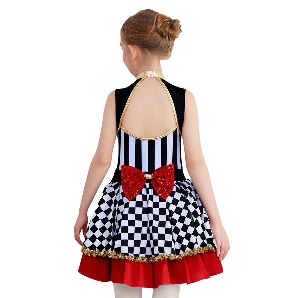 Girls Wonderland Queen Costume Sequins Mock Neck Sleeveless Chest Cutout Back Waist Bow Built In Briefs Puffy Dress