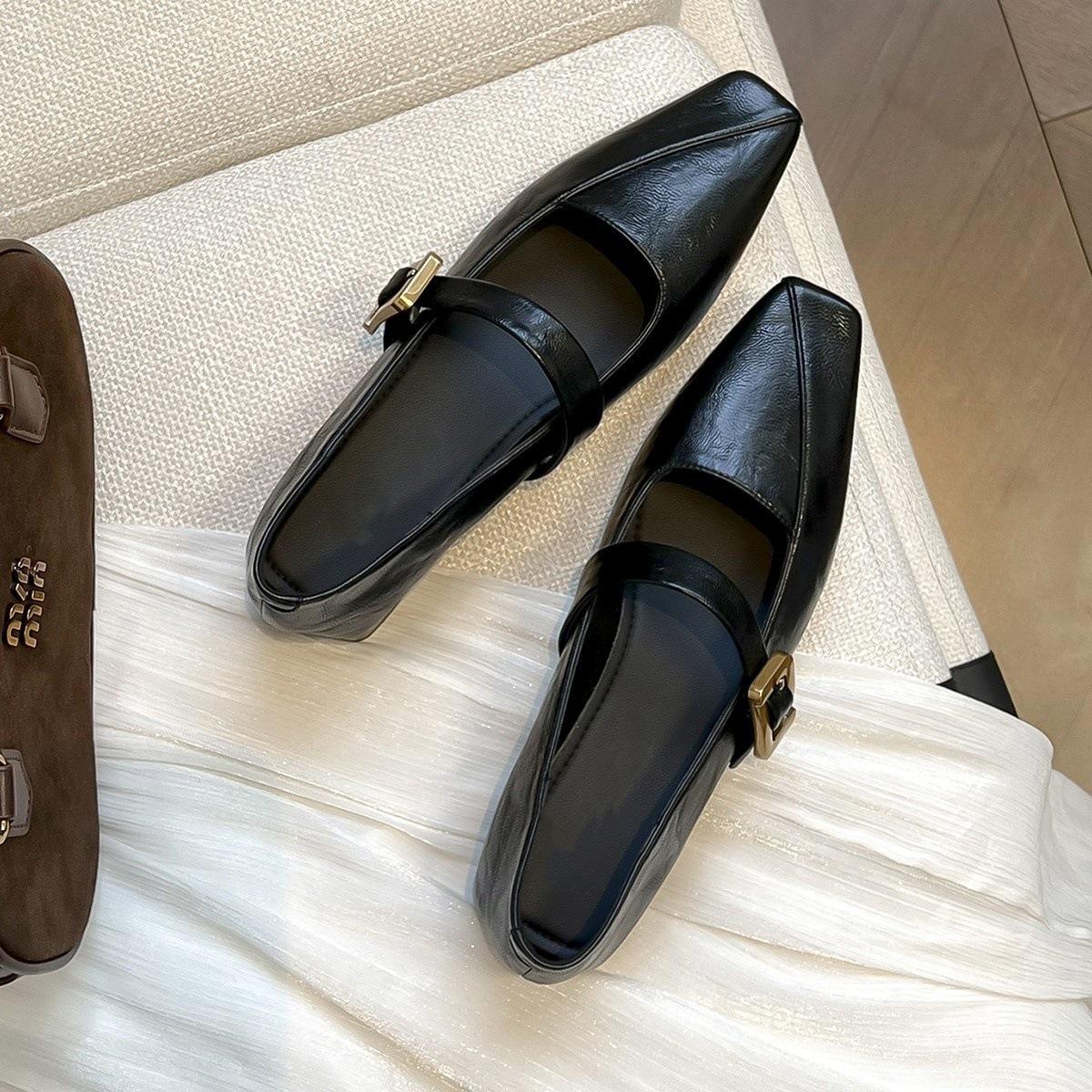 

Неустающие ноги квадратный носок мягкая кожа квадратный корень неглубокий вырез туфли-лодочки против потери ноги ретро 2025 ранняя весна новые вечерние туфли 39 чёрный