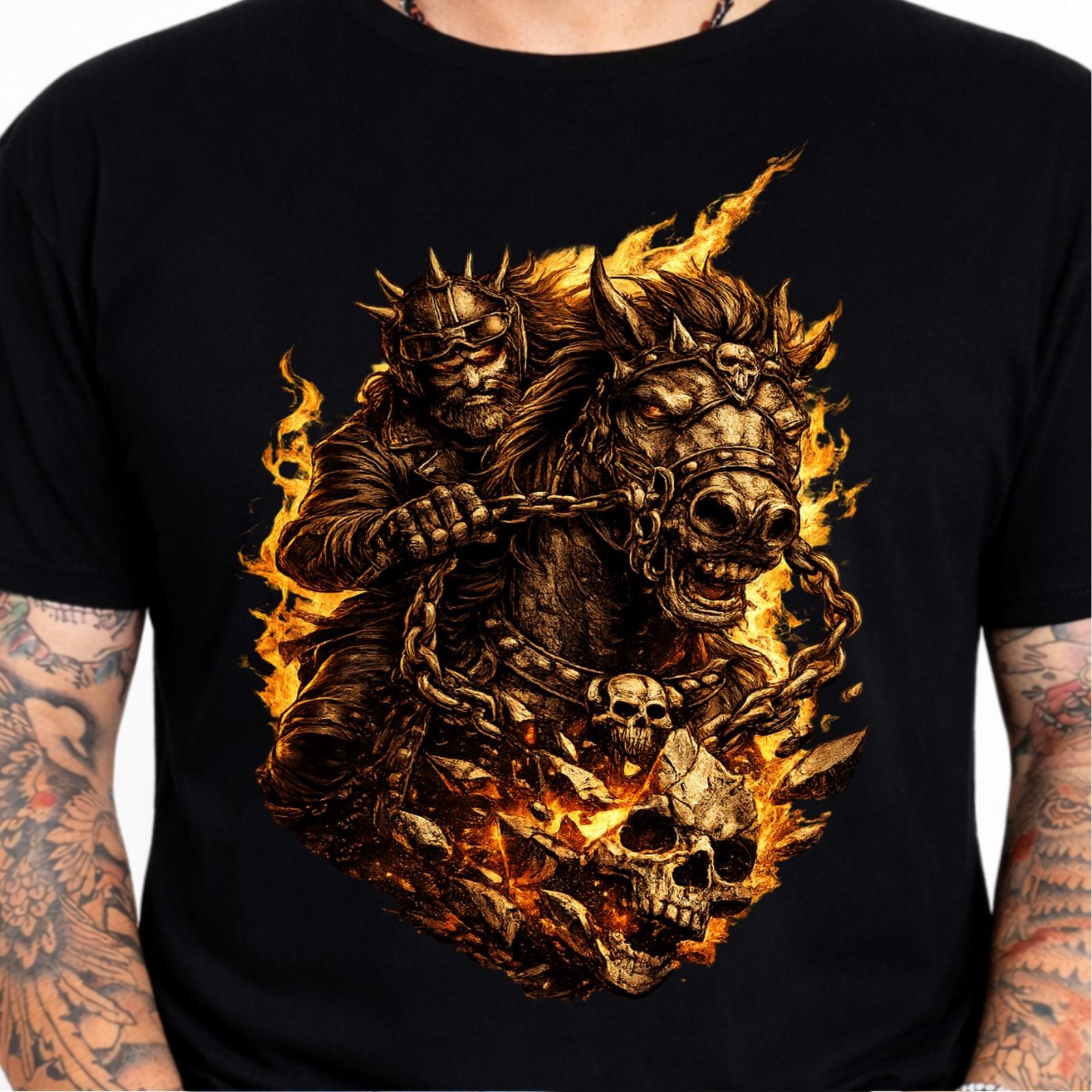 Fiery Skeleton Horse Rider Gothic Biker Flaming Skulls Chains Graphic T-Shirt. S