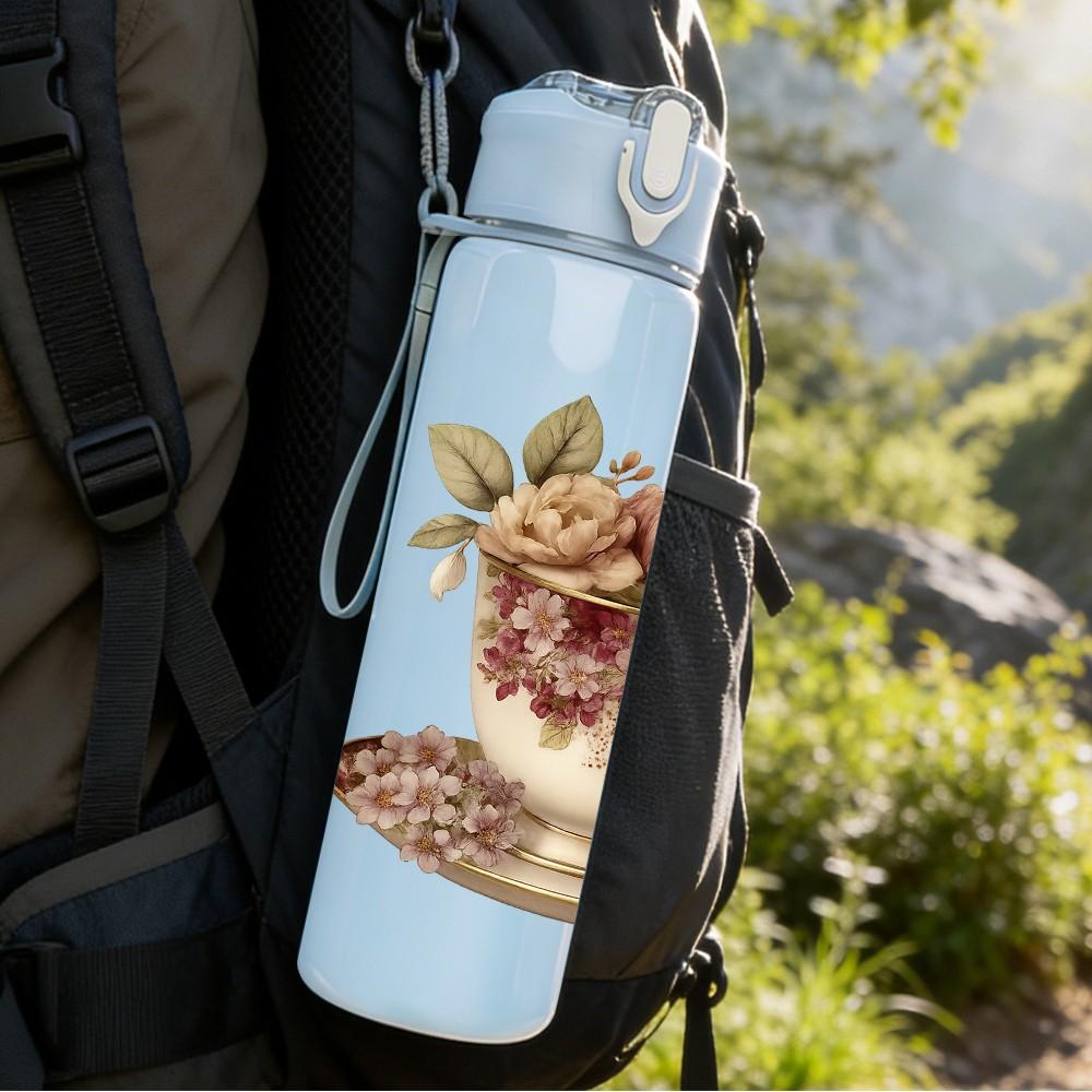 1PC Vintage Teacup Rose Flower Print 750ml Color Plastic Sports Water Bottle Leakproof Flip Straw Lid Suitable for Sports Office Home Use
