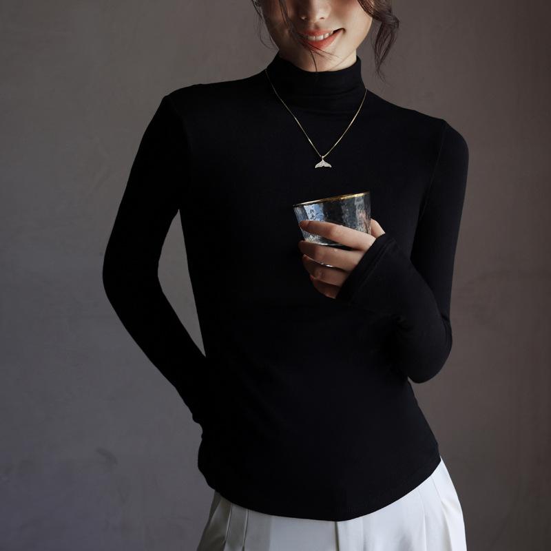 Women's Basic Half-High Neck Base Layer Top Fashionable Long Sleeve T-Shirt Slim Fit Versatile Inner Wear for Autumn