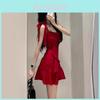 Sexy Red Spaghetti Strap Dress With Patching For Summer Fashion
