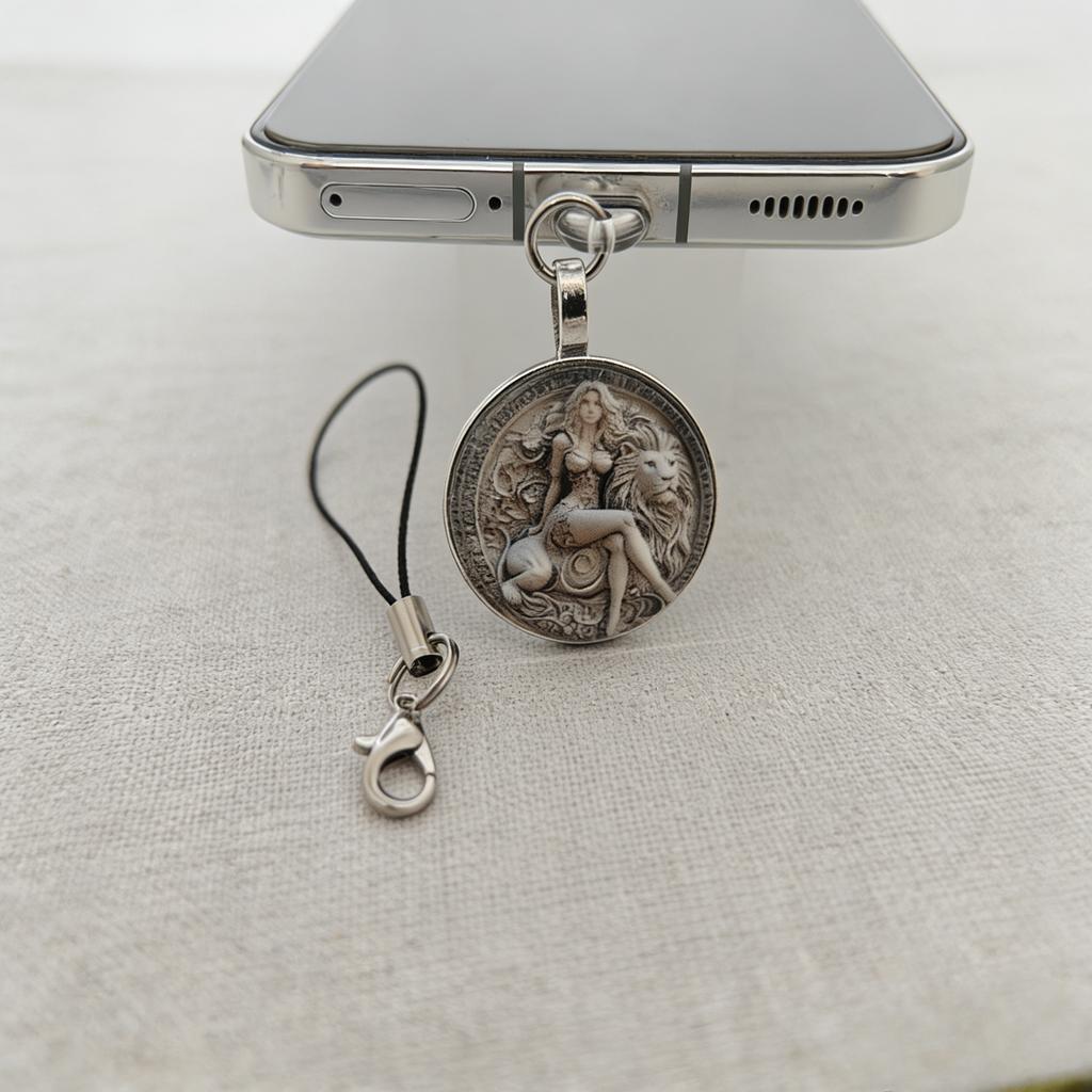 Vintage Embossed Beauty and Lion Lanyard Phone Dust Plug, Comes with Anti-Loss Strap, Dual-Use for Anti-Loss and Decoration