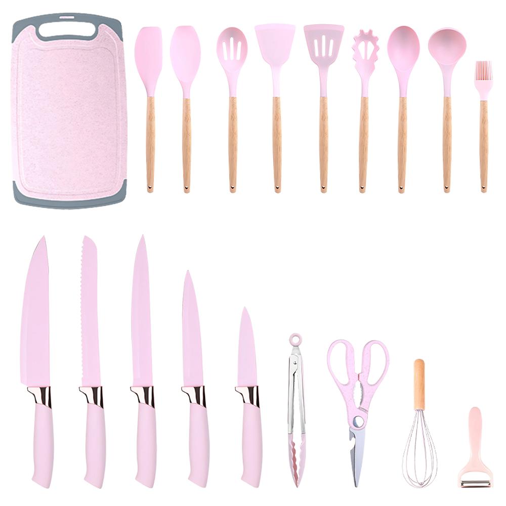 

20 шт. Силиконовые кухонные ножи Термостойкие Антипригарные Суповая ложка Набор для готовки с ножницами Овощечистка Нарезать мясо Кухонные аксессуары розовый