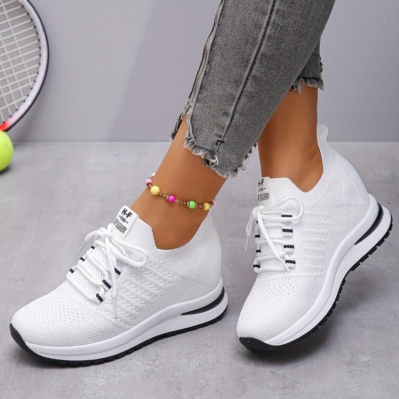 Big Yards Within The High Women's Shoes 2025 Summer New Casual Lace Thick Bottom Slope with Flyknit Mesh Shoes Female