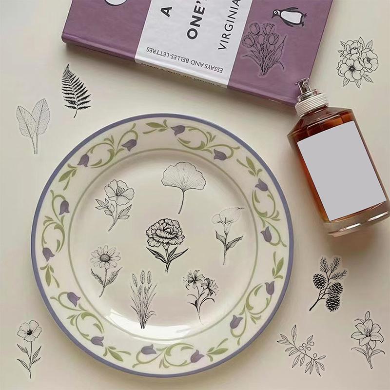 50Pcs Transparent Black White Vintage Flower Plant Stickers Decals Creative Diy Laptop Scrapbooking Decoration Pet Stickers