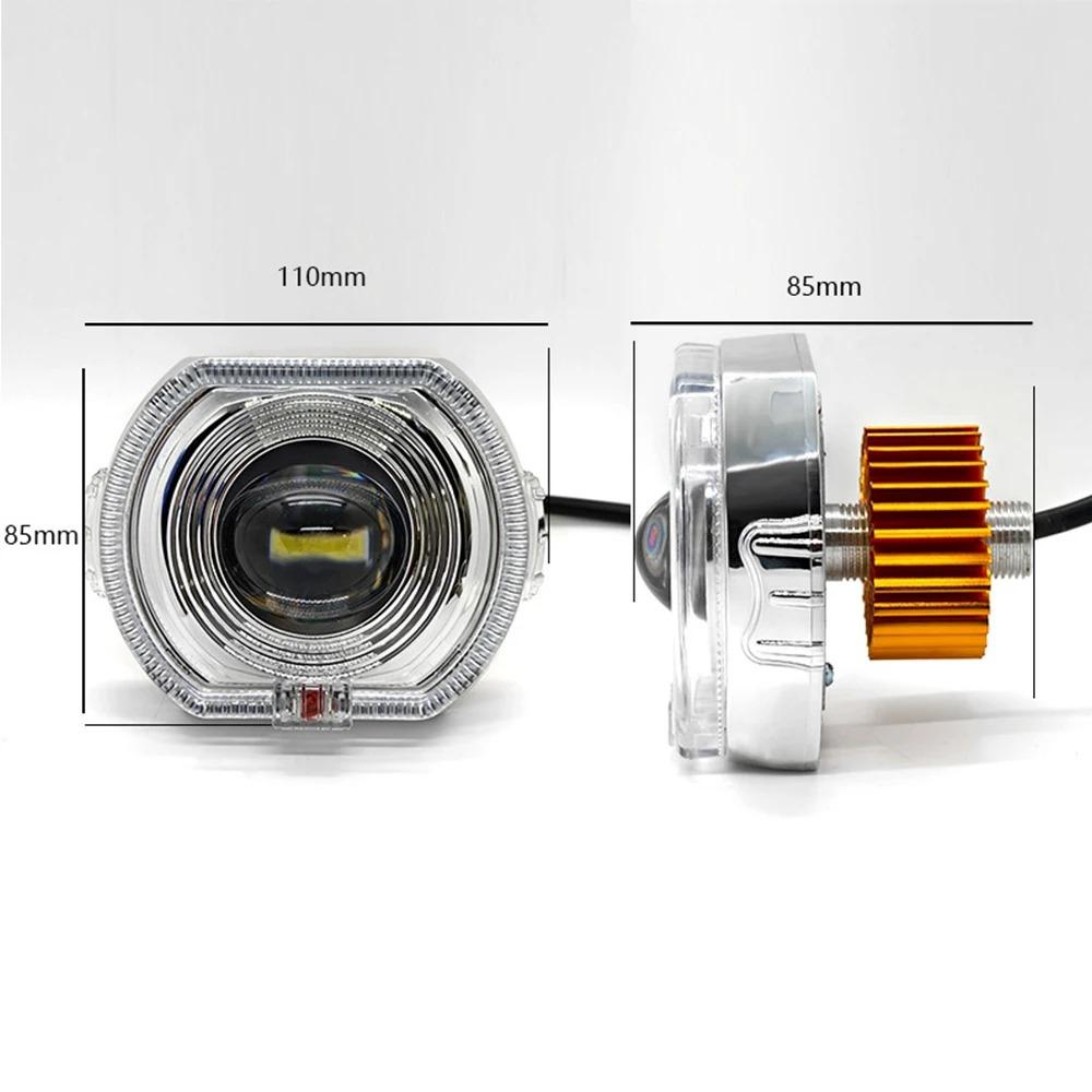 LED Headlight Projector Lens Dual Halo Angel Eyes with Devil Effect for Car & Motorcycle High/Low Beam DRL Strobe Mode Support
