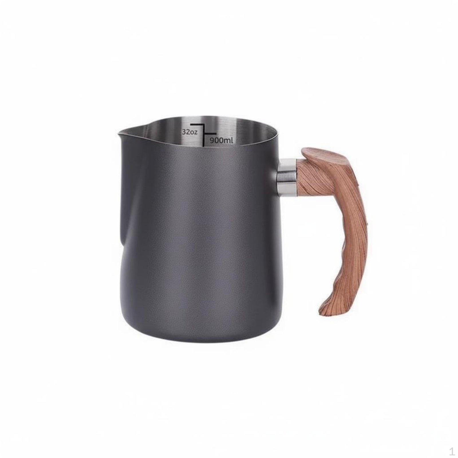 Latte Art Jug with Wooden Handle Internal Measurement Scale Stainless Steel Milk Steaming Pitcher