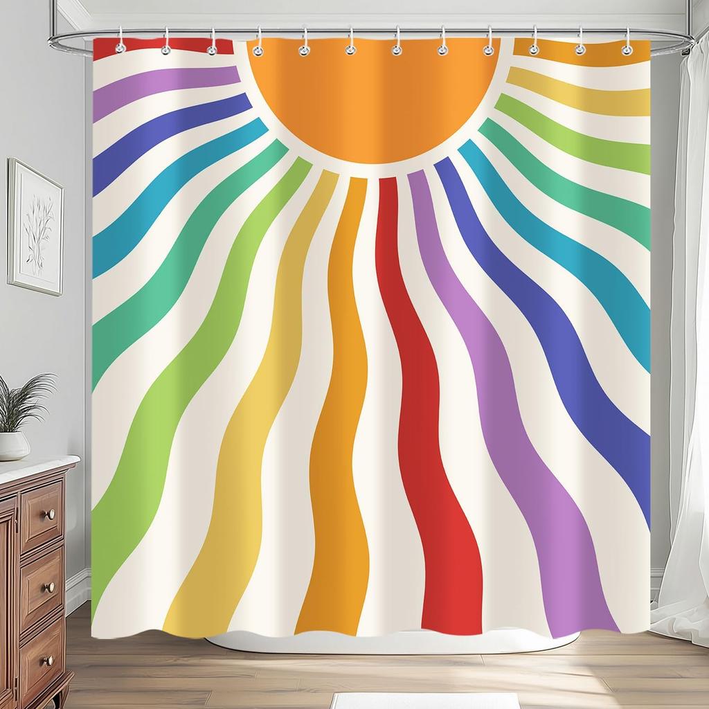 Boho Sun Rainbow Shower Curtain, Colorful Bright Retro 70sCute Sunrise Sunset Sunshine Shower Curtain Set, Vintage Modern Groovy