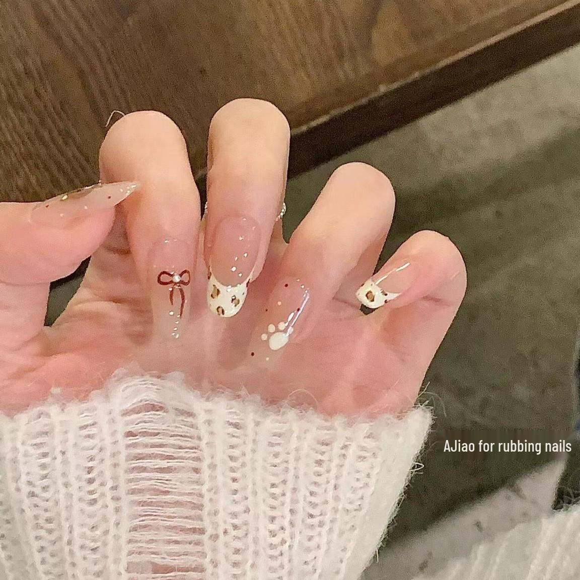 

Hand-Painted Polka Dot Bear Nails - Cute French Boutique Style, Milk White Whitening, Pure Handmade & Wearable XS