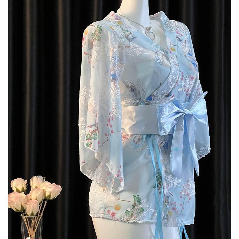 Elegant Japanese Chiffon Kimono Nightgown with Bow Embroidery