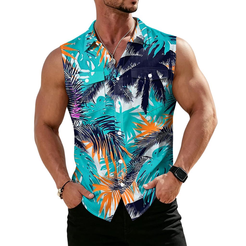 Men's Workwear Lapel Button-Down Vest Shirt - Lightweight Sleeveless Top