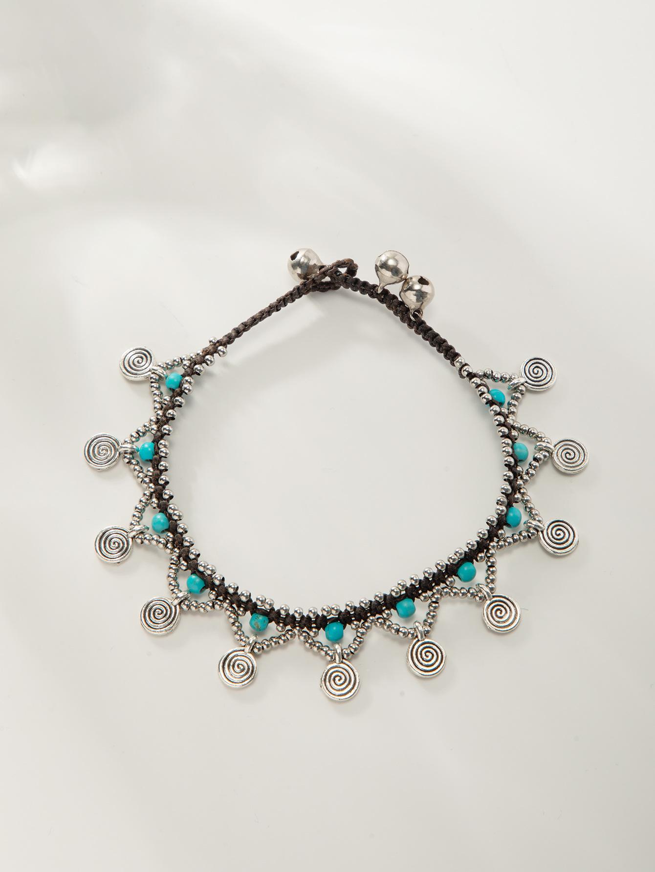 

Богемный отпуск бирюзовый вощеный веревочный пляжный браслет на лодыжку ручной работы с бисером и медными бусинами для женщин серебряный