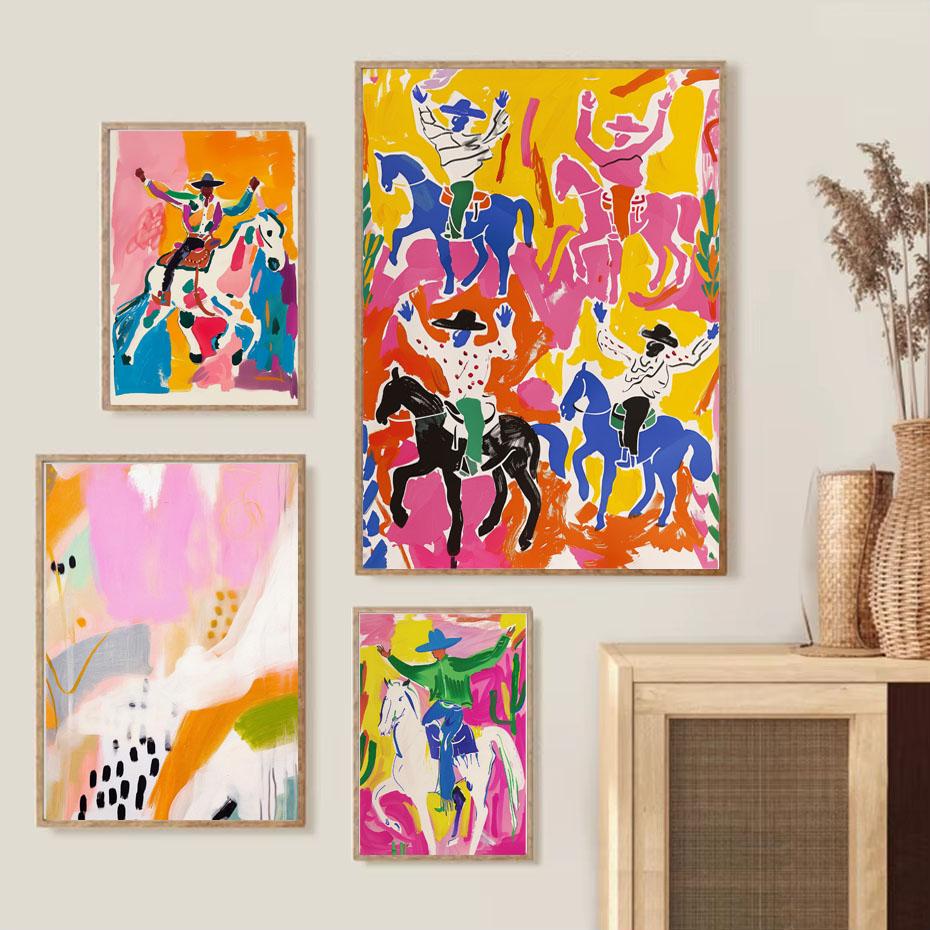 Abstract Rodeo Art Poster Colorful Eclectic Cowboy Wall Art Neutral Floral Home Office Living Room Decor Wall Decor Aesthetic