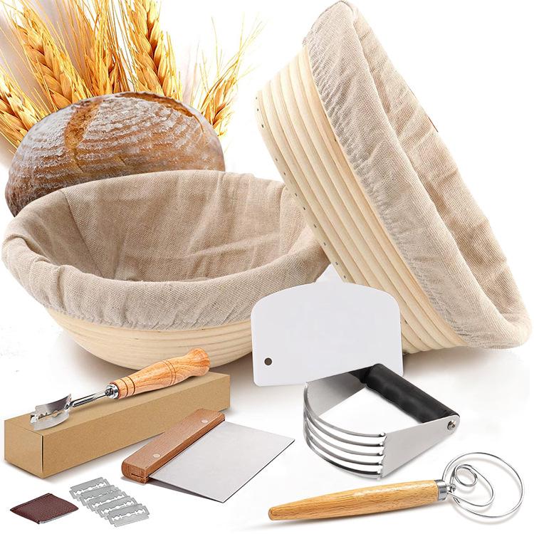 Fermentation Basket Set: Rattan Bread Basket, Scraper, Mixer & Oval Baking Tool. European Style for Artisan Bread.