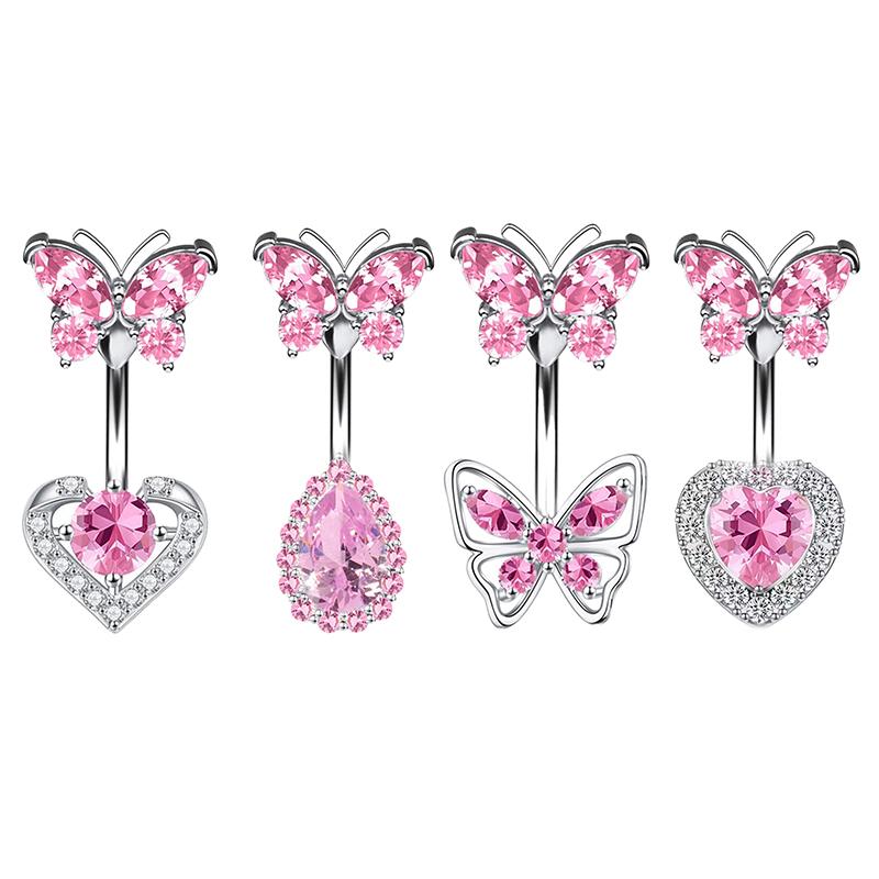 Exquisite Stainless Steel Pink Zircon Butterfly Navel Ring Sexy Body Jewelry For Women Girls Fashion Belly Button Rings Gifts