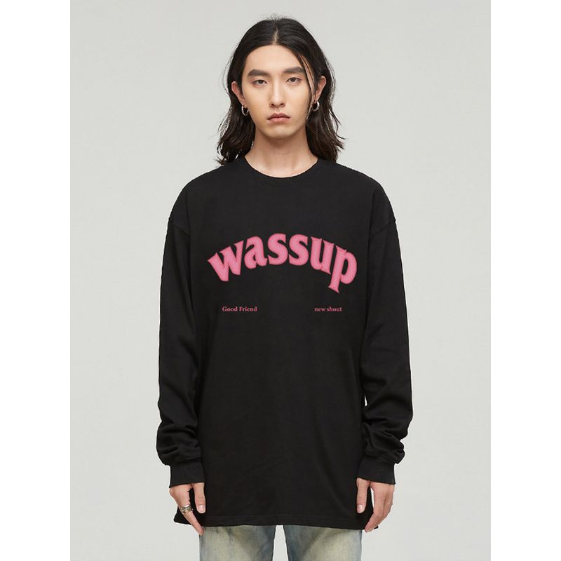 Wassup Heods American Trendy Brand Long-Sleeved T-Shirt for Men and Women, Loose Cotton Round-Neck Casual Top for Couples in Spring and Autumn