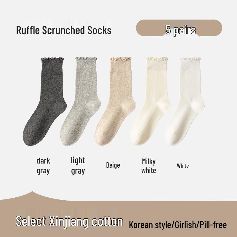 Women's Mid-Calf Lace Pile Socks - Korean Wood Ear Edge, Perfect for Loafers, Y2K Style