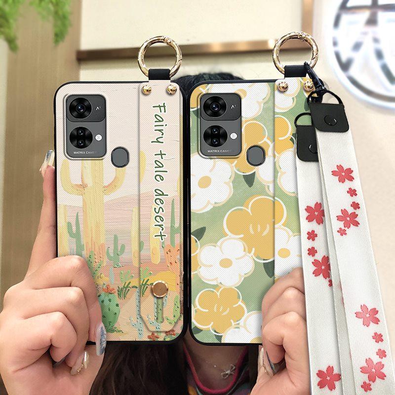Oil Painting Phone Holder Phone Case For Oukitel C33 Back Cover Anti-dust Protective Anti-knock Lanyard Silicone Flower