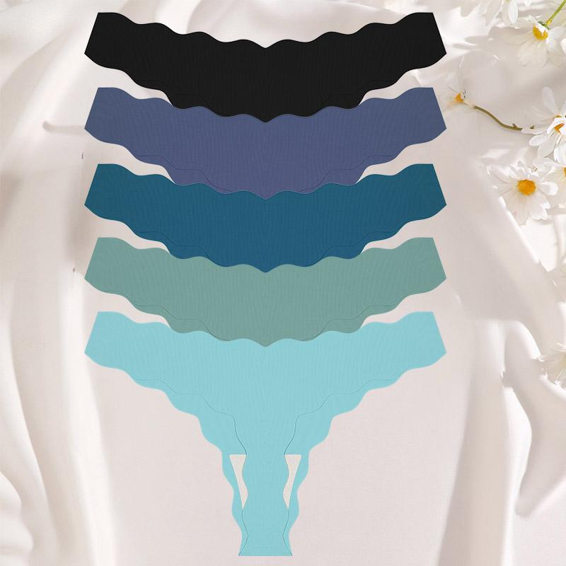 

5Pcs/Set Women s Seamless Thong Underwear Wavy Edge No Show Soft Stretch Low Rise Invisible Panties for Daily Wear S