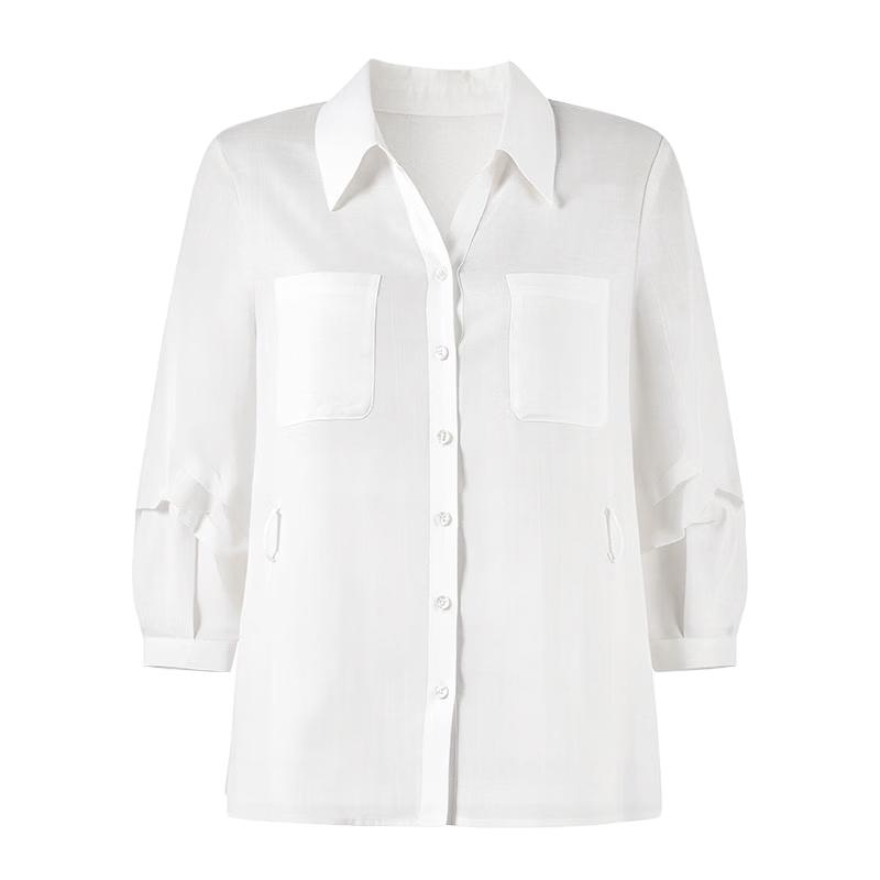 Autumn Water Yi Ren Women's Long Sleeve V-Neck Pleated White Blouse