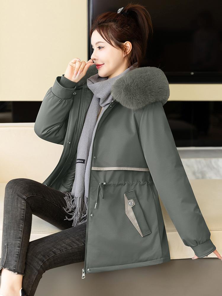 Kışlık yeni kalınlaştırılmış sıcak turta kadın orta ve uzun bel kürk yakalı pamuklu ceket moda çok yönlü trend