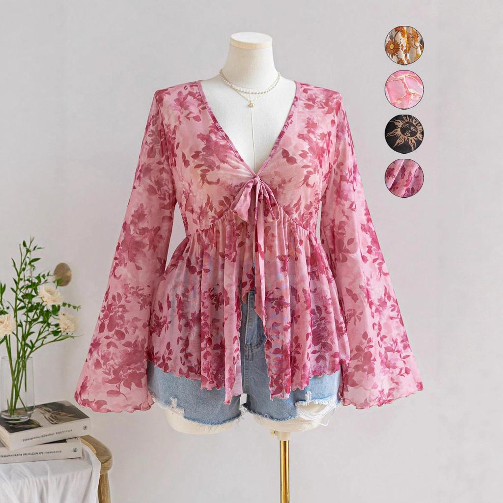 Top damski z dekoltem w serek, z nadrukiem w stylu wakacyjnym, z luźnymi rękawami rozszerzanymi