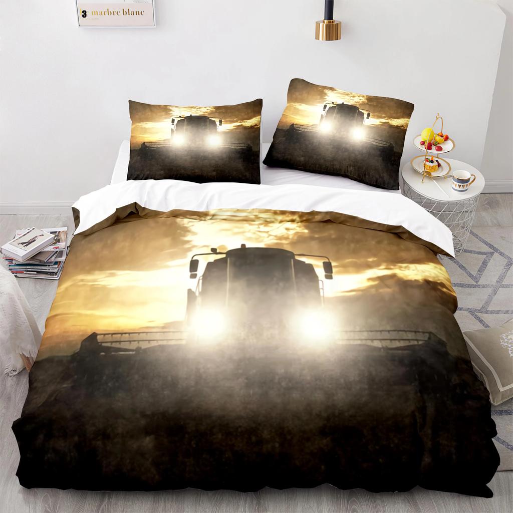 Cartoon Tractor King Queen Duvet Cover Watercolor Style Excavator Bedding Set For Kids Machinery Bulldozer Polyester Quilt Cover