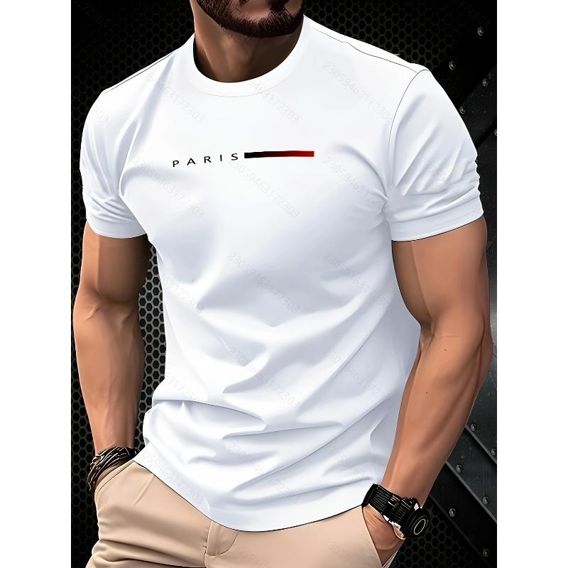 

[Paris Graphic T-Shirt] Fabric Men s Paris Graphic T-Shirt - White Short Sleeve Round Neck Casual Shirt with Red Accents & Logo, Leisure Clothing S белый
