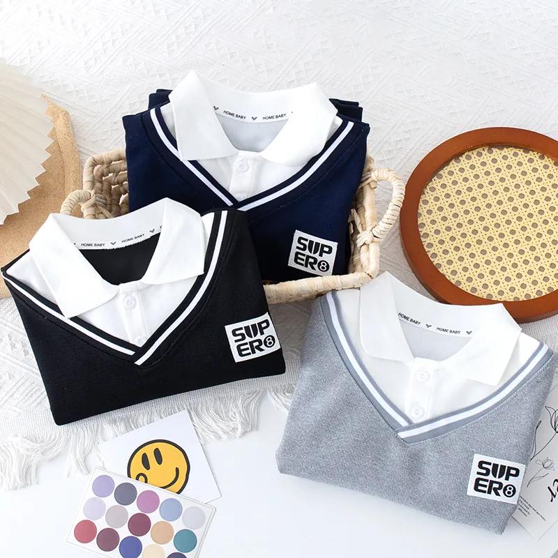 Spring and Autumn Boys' Sweaters, Children's POLO Shirts, Baby Fake Two-piece Clothes