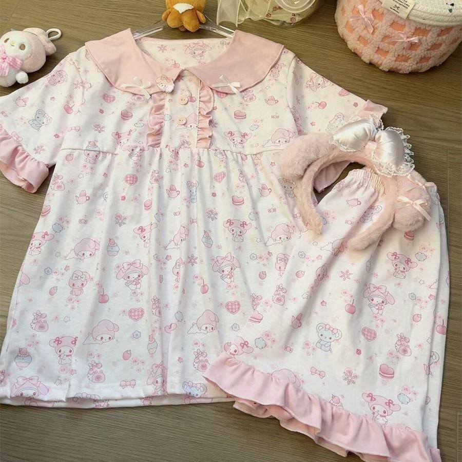 

Summer new full-printed pink Melody pajamas women s short-sleeved shorts doll collar two-piece loungewear S