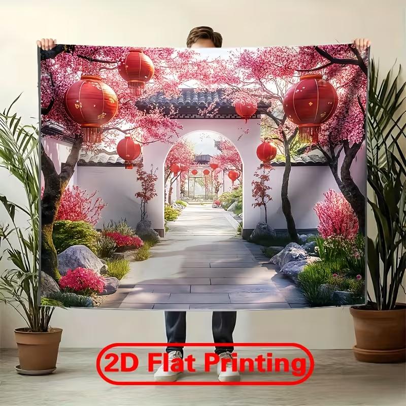 2D Feder Kirschblüten Zaunwand, Wasserdichte Chinesische Hofkulisse für Hof Terrasse Garten Dekoration