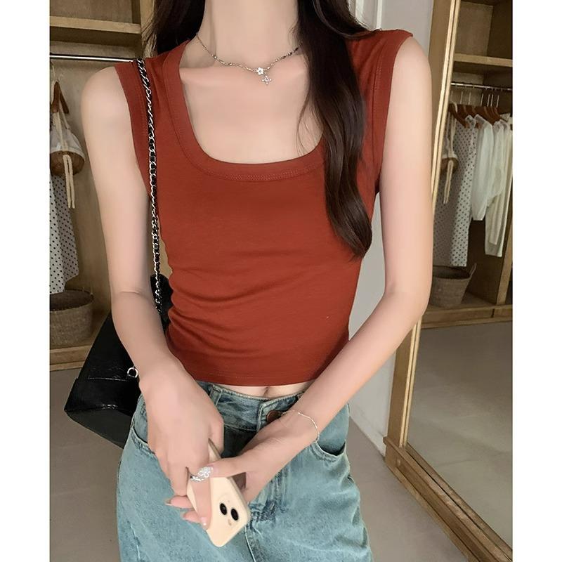 Korean Version of Sweet Girl Dopamine Solid Color Short Sleeveless Top, White and Versatile U-neck Summer Women's Vest
