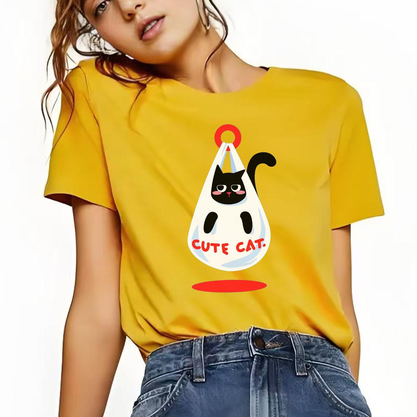 

Cute black cat cartoon printed Tshirt short sleeved round neck casual Womens Tshirt suitable for all seasons S