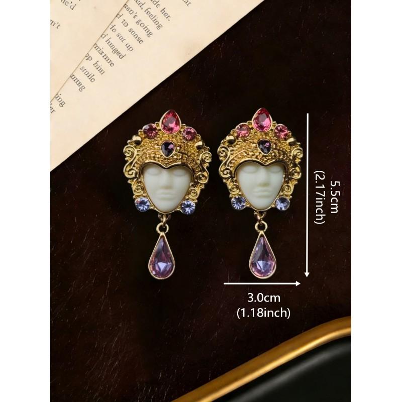 Middle Aged Vintage Handmade Retro Buddha Face Statue Heavy Industry Earrings Exaggerated Personality Palace Portrait