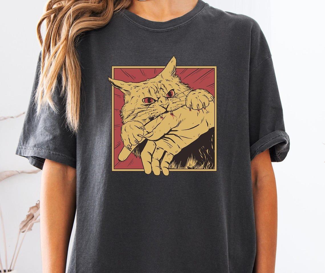 Винтажная футболка Кошачий укус , Японская хоррор-аниме футболка, Хоррор-кошка футболка унисекс 2XL