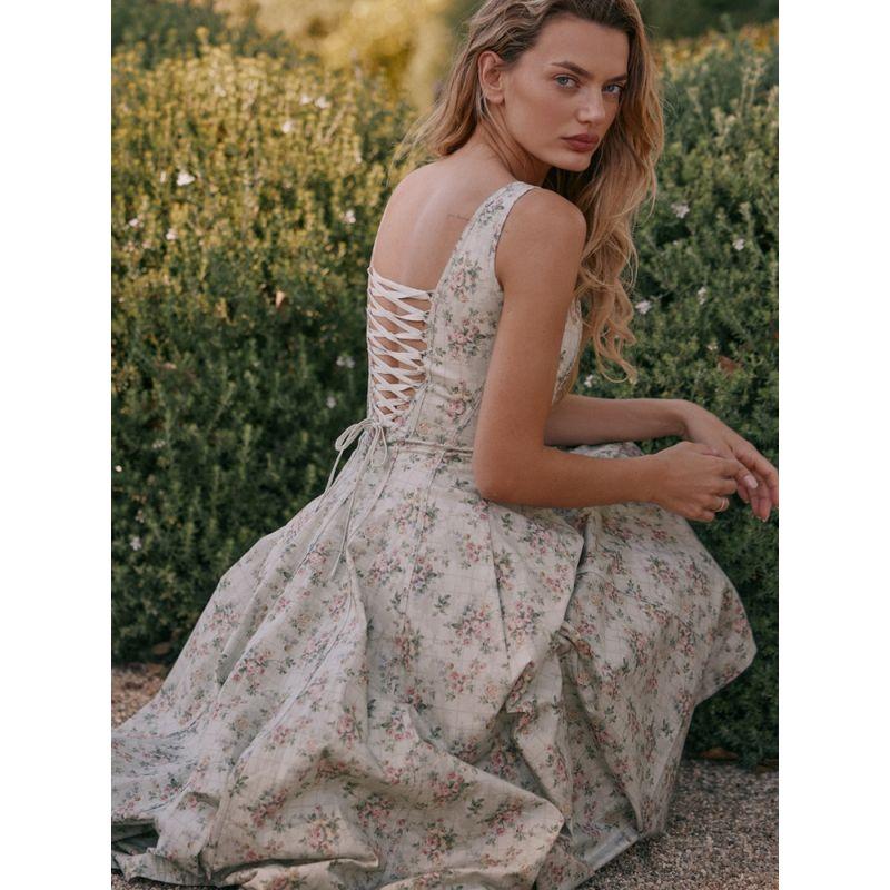 Huaxin House In Nanyu, Same Style with South French Holiday Style Sling Dress Waist Hugging Slimming Temperament Floral Long Dress