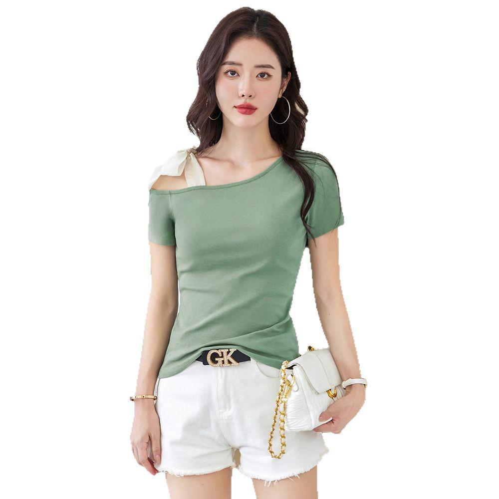 2025 Korean Style One-Shoulder Tie-Up Short-Sleeve Slimming Cotton Women's Top