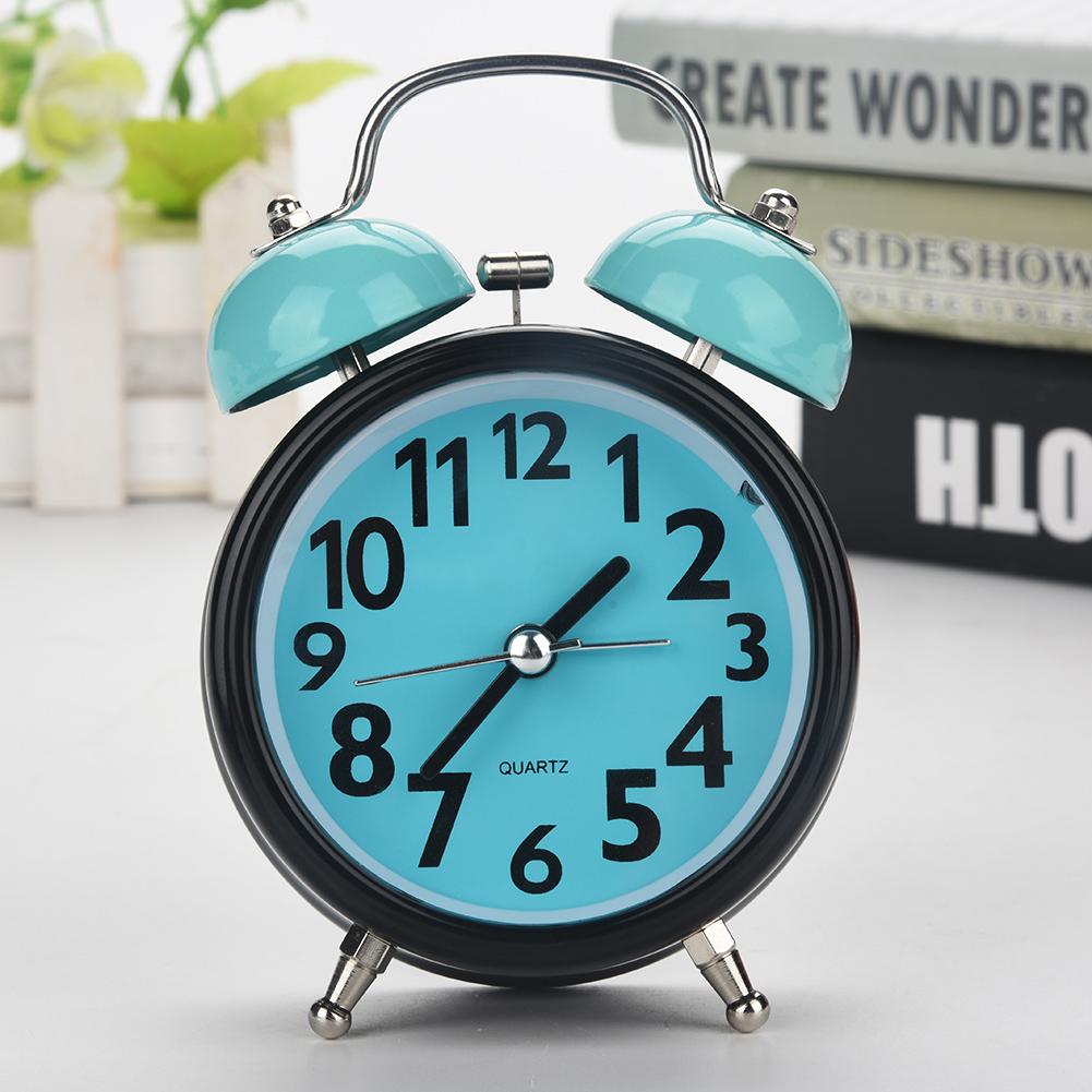 Double Bell Ultra Silent Mechanical Alarm Clock Quartz Movement Desk Table Night Watch(Blue)